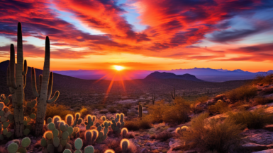 panoramic view of a desert landscape in Mexico during sunset. The sky is filled with vibrant hues of orange, pink, and purple, casting a warm glow over the sandy terrain.